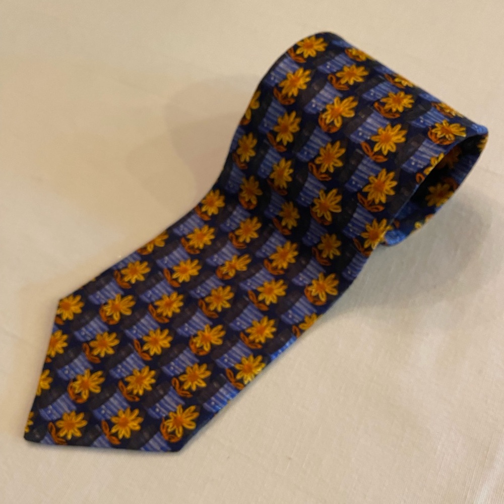 Ermenegildo Zegna Blue Silk Geo Sunflower Neck Tie Length 57” Width 3.5"